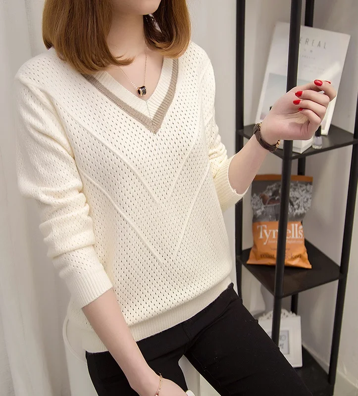

Women Sweaters And Pullovers Spring Autumn Korean Hollow Sweaters Womens Loose Knitted Sweater Female V-neck Pullover Tops