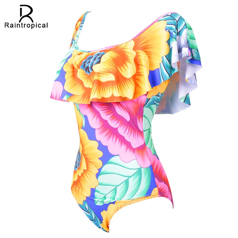 2017 Цельный купальник с открытыми плечами цветочный женский оборками сексуальный