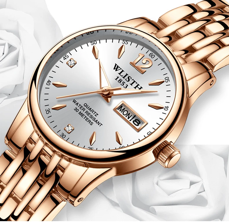 

Women Quartz Watch Rose Gold Stainless Steel WLISTH Brand Fashion Wristwatch womens Week Date Quartz Luxury relogio feminino