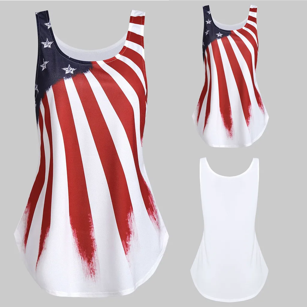 Модная женская майка в полоску с принтом американского флага и круглым вырезом