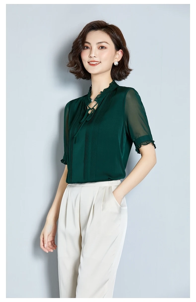 AYUNSUE, летняя мода, натуральный шелк, Blusas Mujer De Moda,, элегантная повседневная женская блузка с v-образным вырезом, женский топ с коротким рукавом S19X258