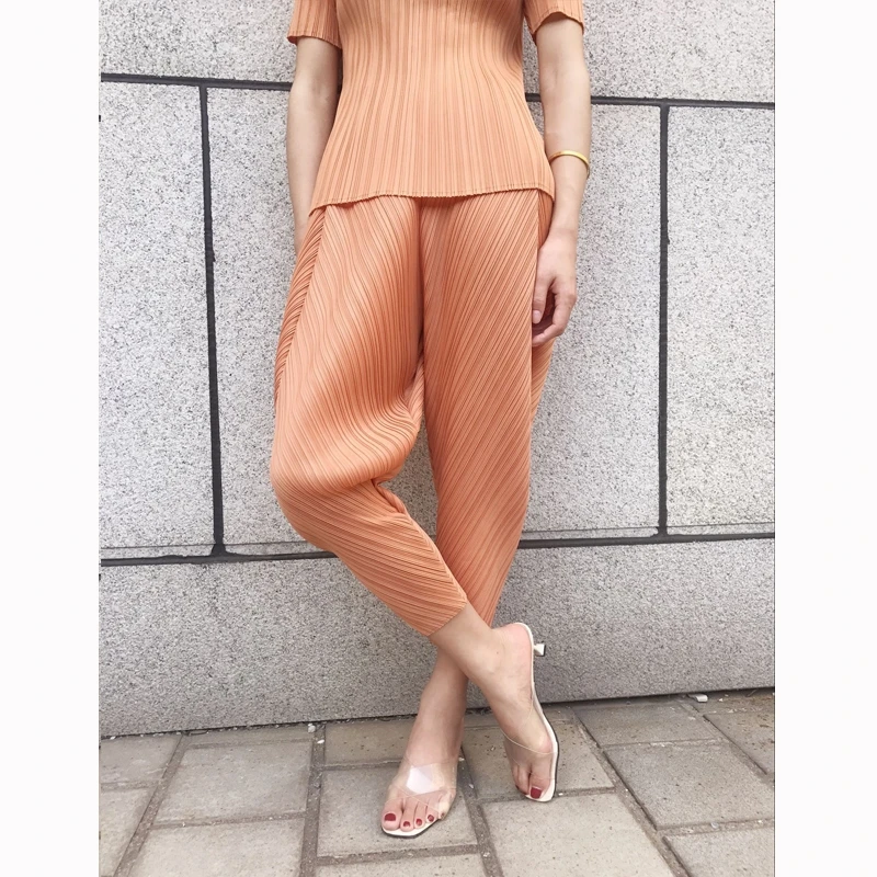 HOT SELLING Nine pants pleated tapered pants three-bedroom solid color elastic waist loose thin women's  IN STOCK