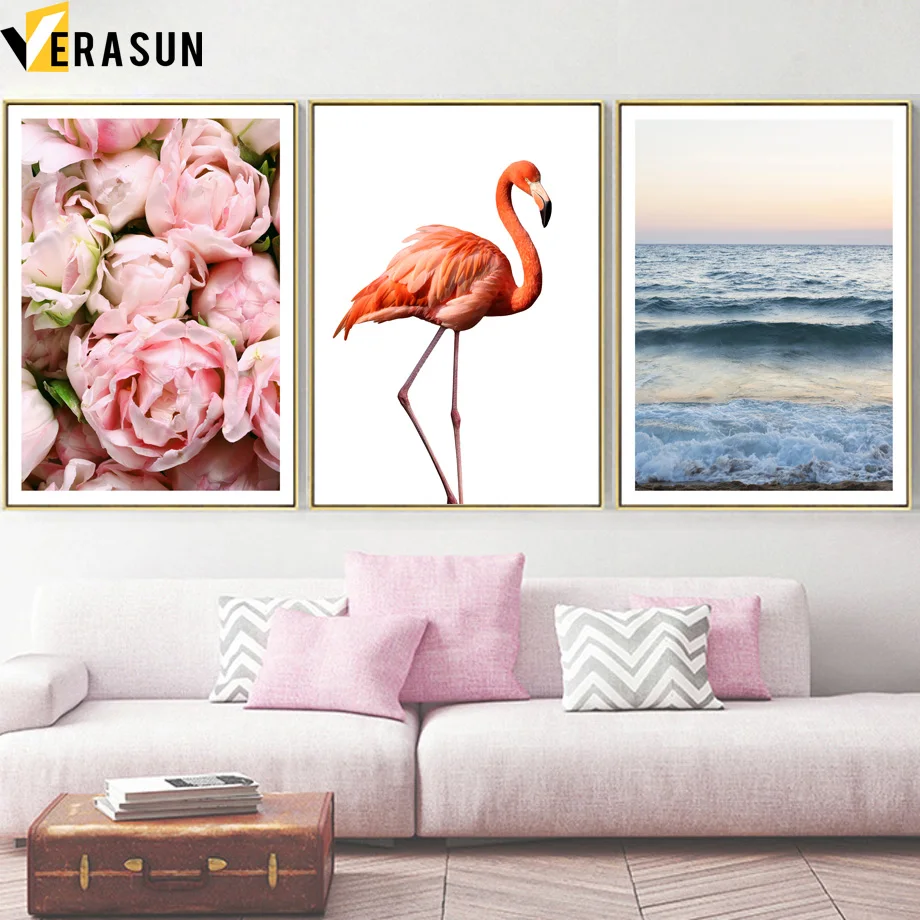Розовый Фламинго морской пейзаж на стену художественная живопись холст