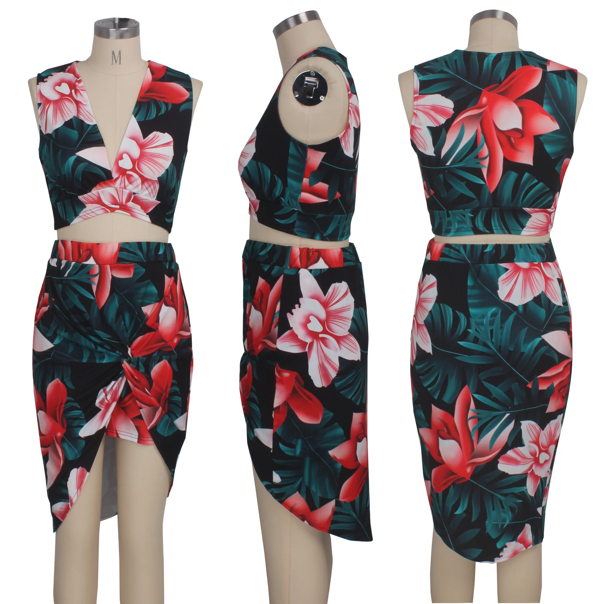 

New women's sets sexy deep V-neck night club top and dress sets asymmetry digital prints European and American style hot selling