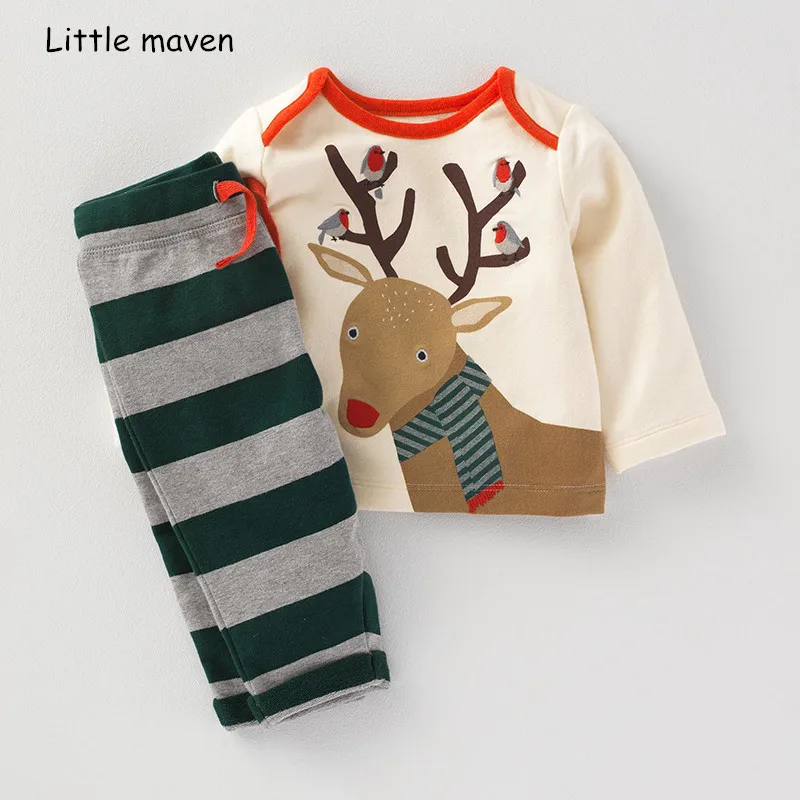 Little maven children's clothing sets 2018 autumn new boys Cotton brand long sleeve deer print t shirt + striped pants 20249 | Детская