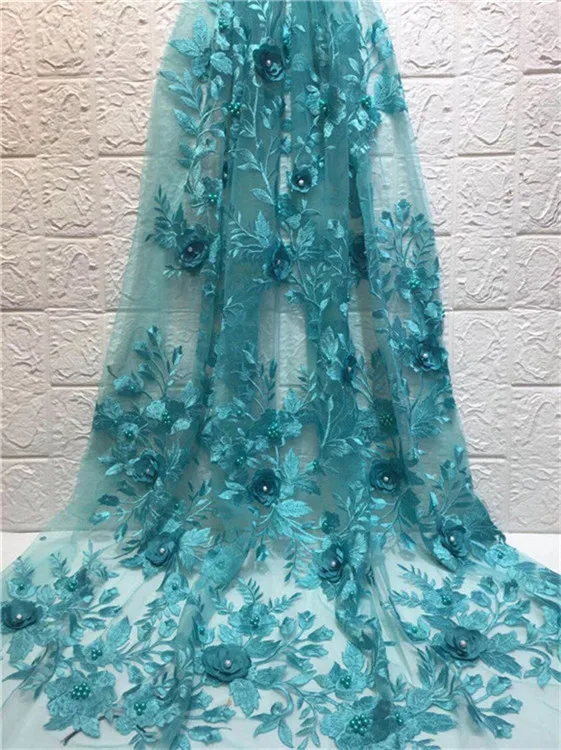 

2019 Latest 3D Flower French African Lace Fabric With beads High Quality African Tulle Lace Fabric For Wedding Pink Green