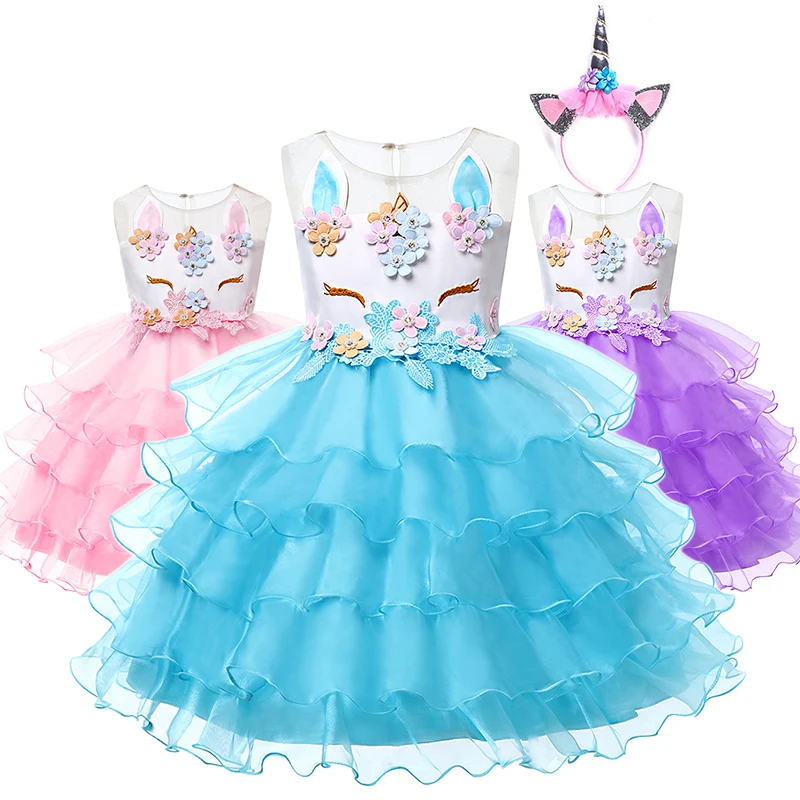 YOFEEL Kids Unicorn Dress for Girls Layered Embroidery Fancy Ball Gown Princess Dresses Unicornio Party Wedding Costumes | Детская
