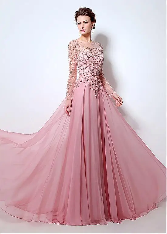 New 2017 Blushing Pink Sparkly Beaded A-line Chiffon Prom Dresses Long Sleeves Sheer Real Evening Gowns vestido de festa | Свадьбы и