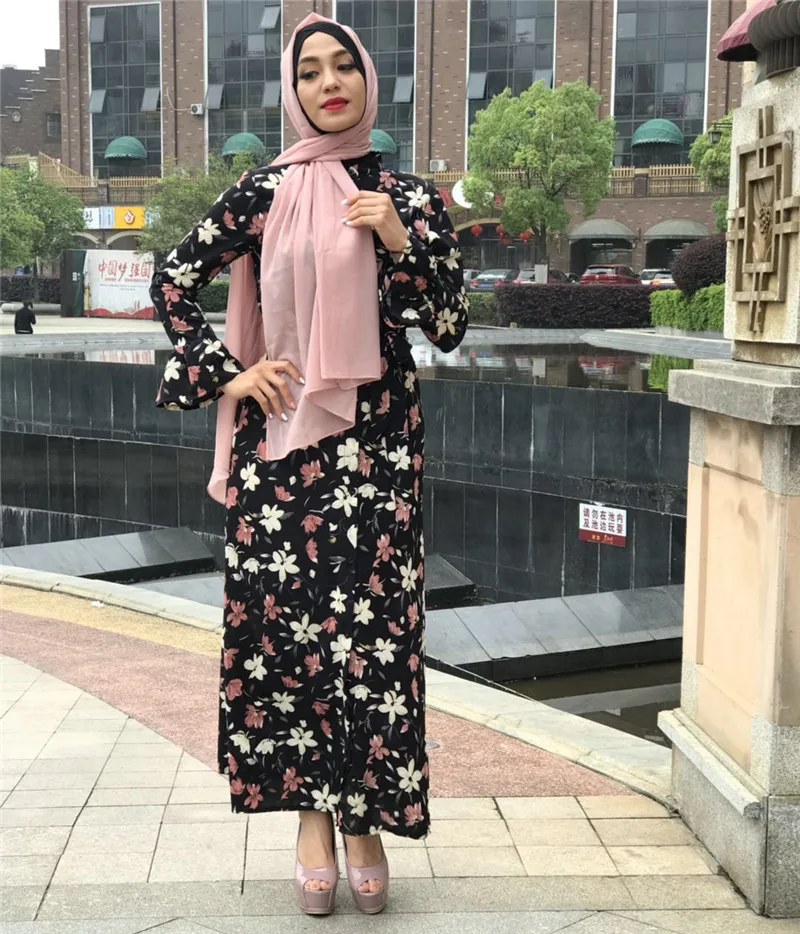 Элегантное Длинное платье с цветочным принтом Abaya мусульманское расклешенными