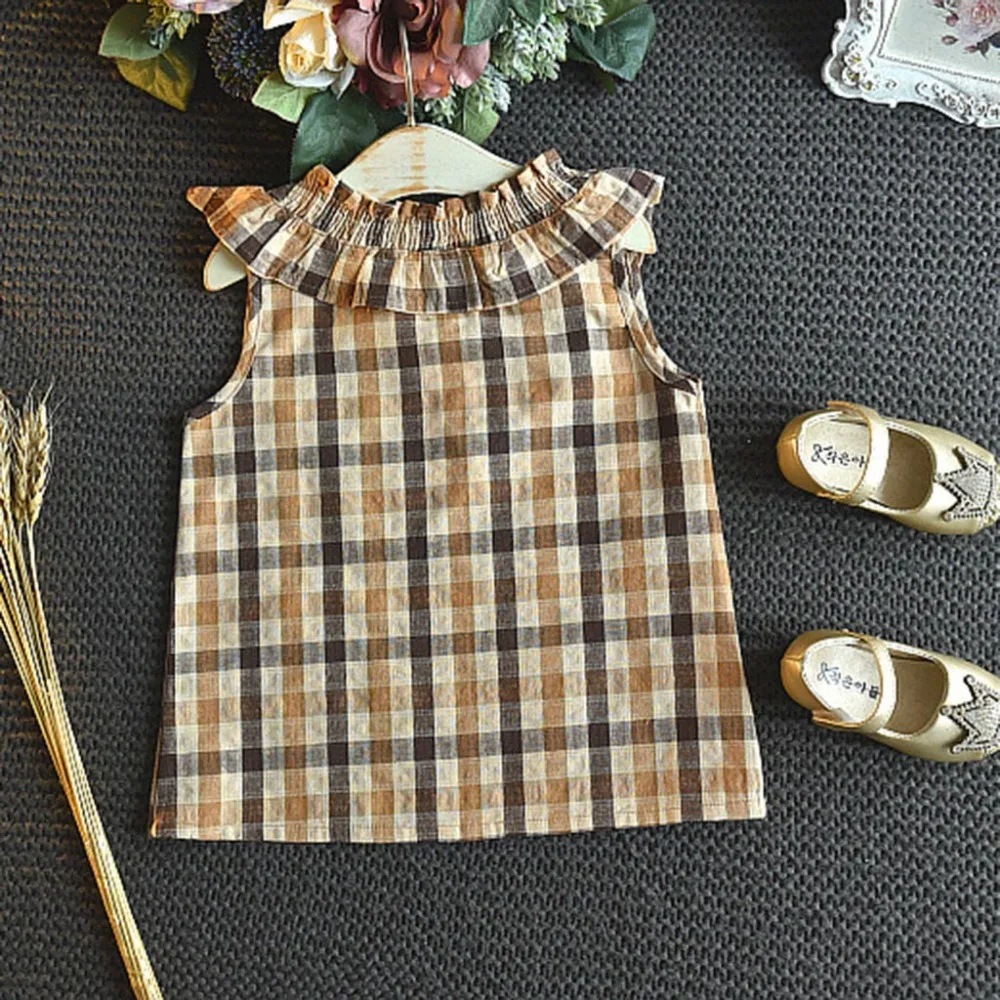 Одежда для маленьких девочек клетчатый жилет без рукавов с v-образным вырезом