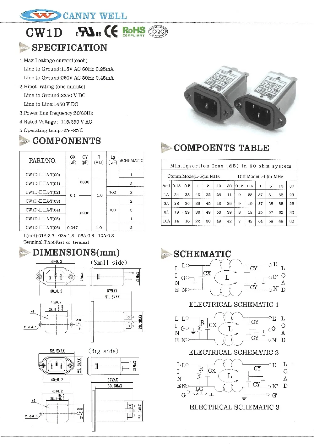 Taiwan's CANNY WELL EMI power filter CW1D-10A-T CW1D-06A-T CW1D-03A-T CW1D-6A-T маленькая сторона 3A 6A 10A |