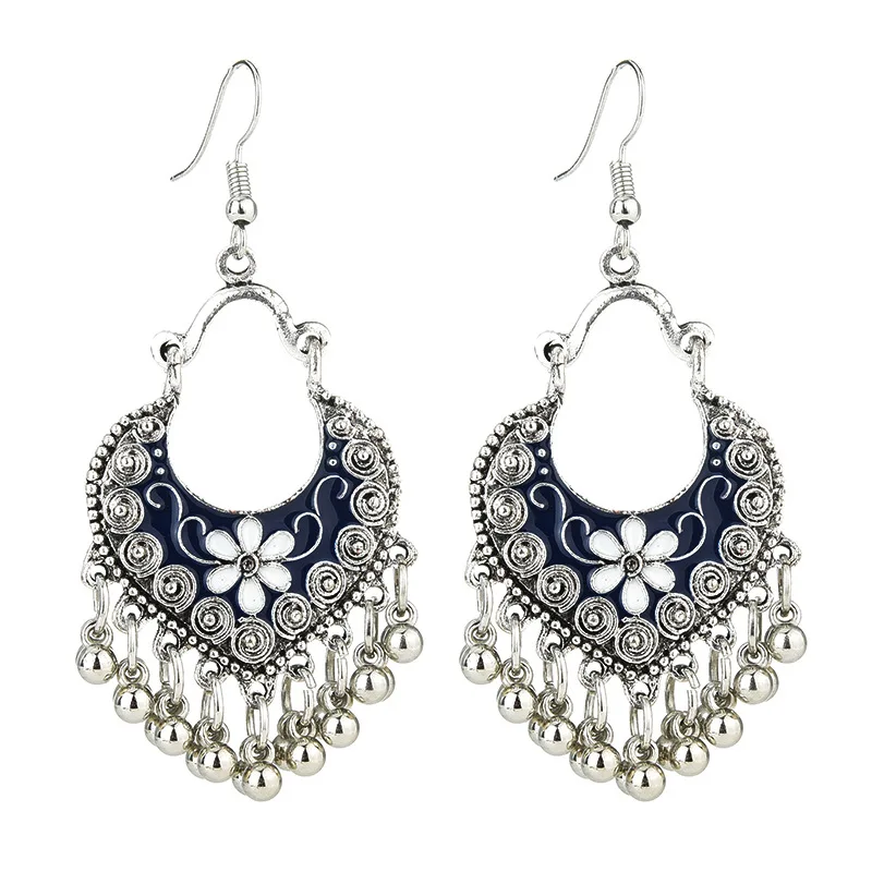Vintage Heart Beads Tassel Drop Earrings for Women Bohemia Ethnic Antique Silver Color Flower Carved Pendant Earring Jewelry | Украшения и