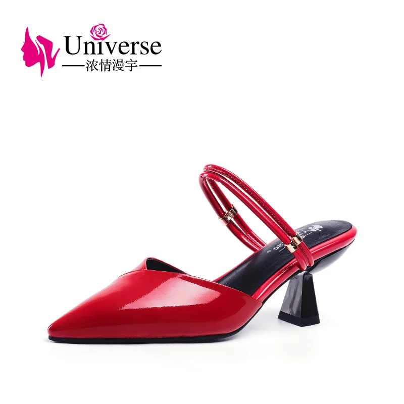 

Universe Cow Patent Leather Mules Shoes Women's Slippers Strange Style Women Slippers Heel High 6.5cm Ladies Summer Mules J086