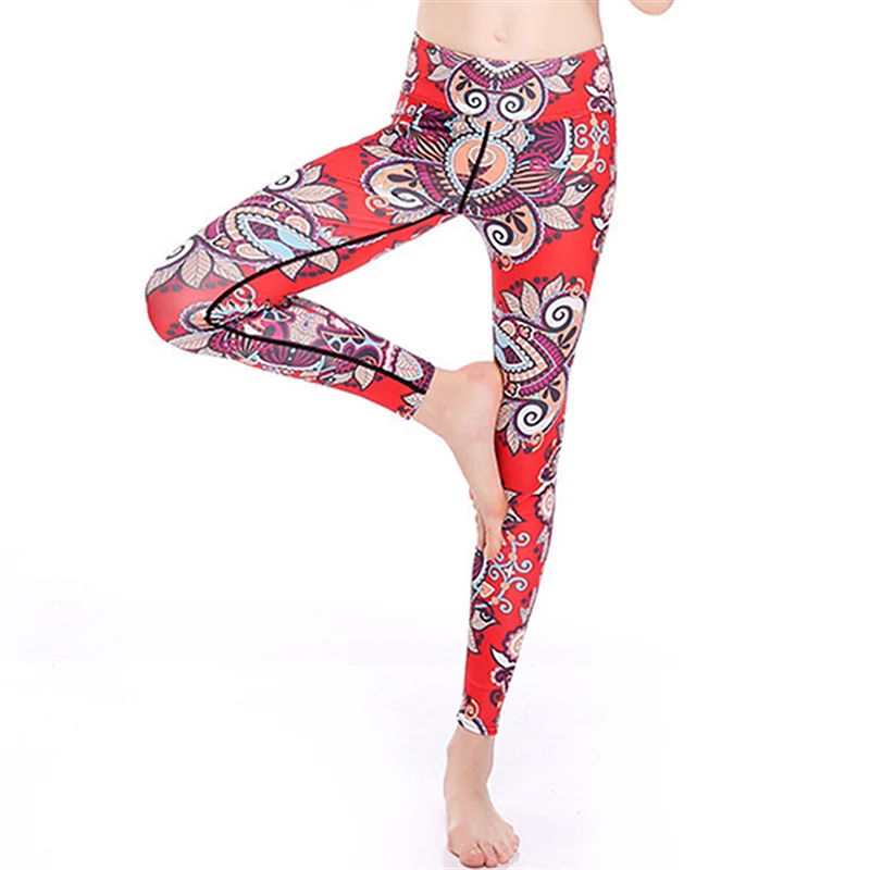 

Women Redish Flowers Print Fitness Quick Dry Exercise Leggings High Waist Full Length Energy Pants Trousers Ropa Mujer