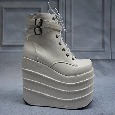 white 16cm Женские ботинки; цвет белый, черный; ботинки для костюмированной вечеринки; ботильоны из искусственной кожи на танкетке с квадратным носком; женская обувь на высоком каблуке 16 см - Цвет: white 16cm