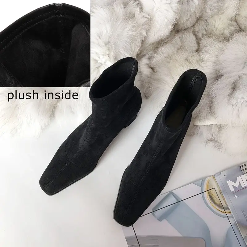 plush inside ALLBITEFO/Модные ботильоны для женщин на толстом каблуке; обувь из флока; женская обувь на высоком каблуке; зимние женские ботинки; ботинки для девочек - Цвет: plush inside