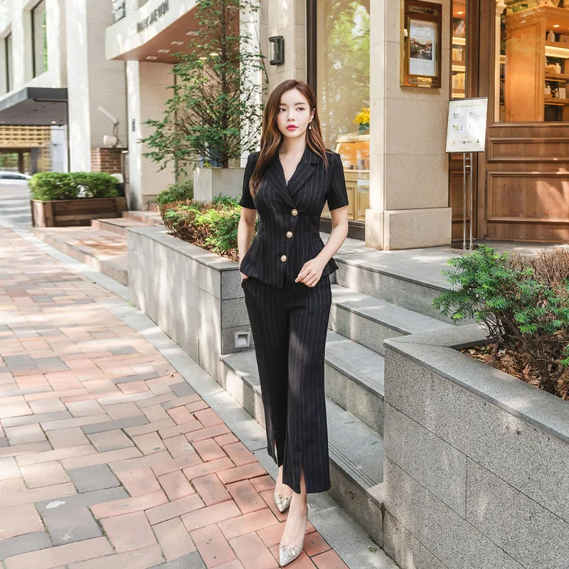 Women's OL Office Work 2 Pieces Set Striped Short Sleeve Singer Button Blouse and Sheath Long Pants Women Two Piece | Женская одежда