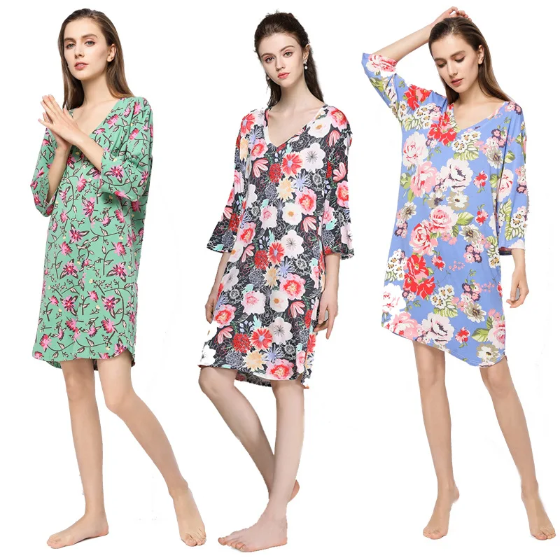 Nightgowns for Women V-neck Flora Printed Loose Casual Home Dress Sexy Lingerie Sleepwear Sleepshirts Nightdress | Женская одежда