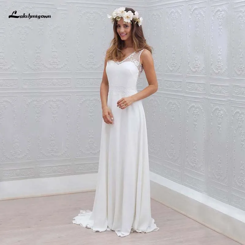 V образный вырез шифон Свадебные платья длина до пола Иллюзия сзади без рукавов