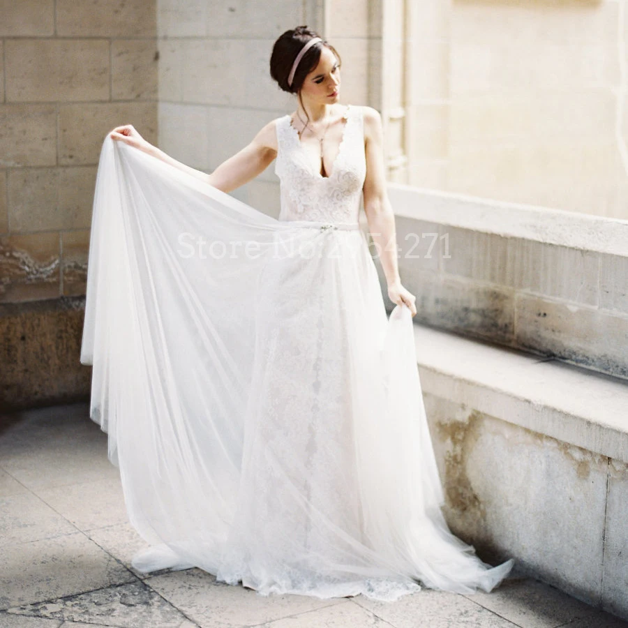 Vestido De Noiva A Line Свадебные платья Тюль Кружева Глубокий v образный вырез открытая
