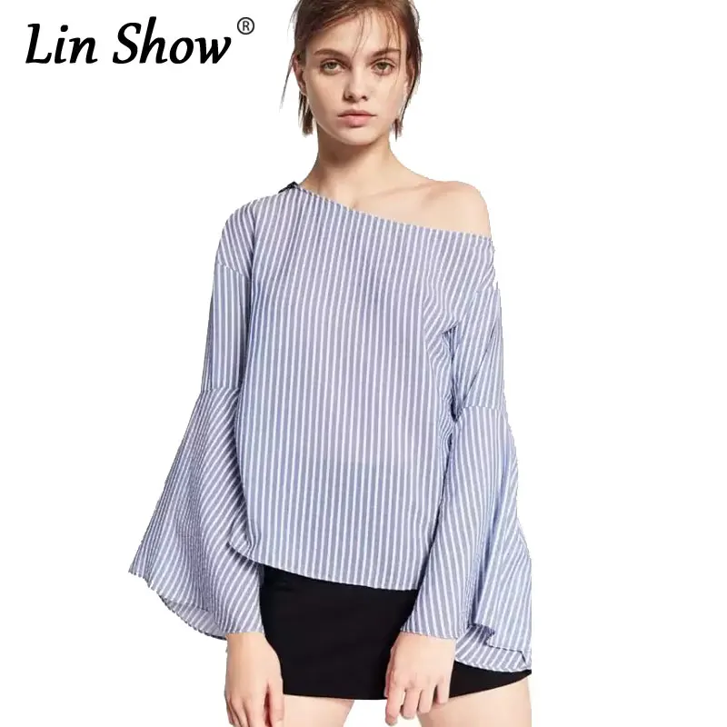 Linshow боковой молнии с плеча полосатый Для женщин Рубашки для мальчиков