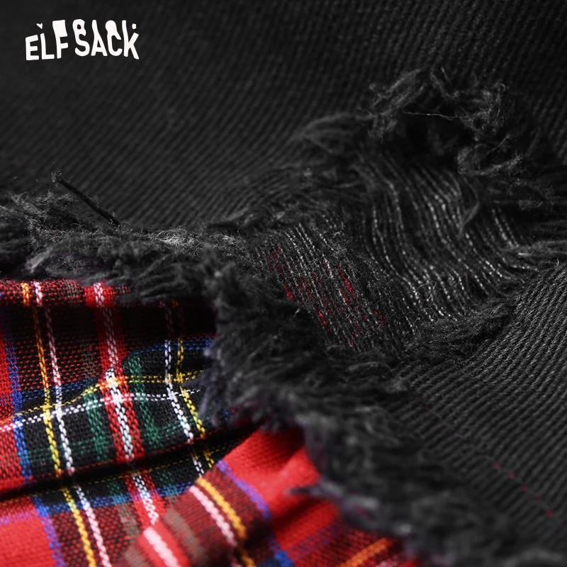 &quotЖенская джинсовая юбка ELF SACK черная ковбойская с клетчатым лоскутом хлопковая