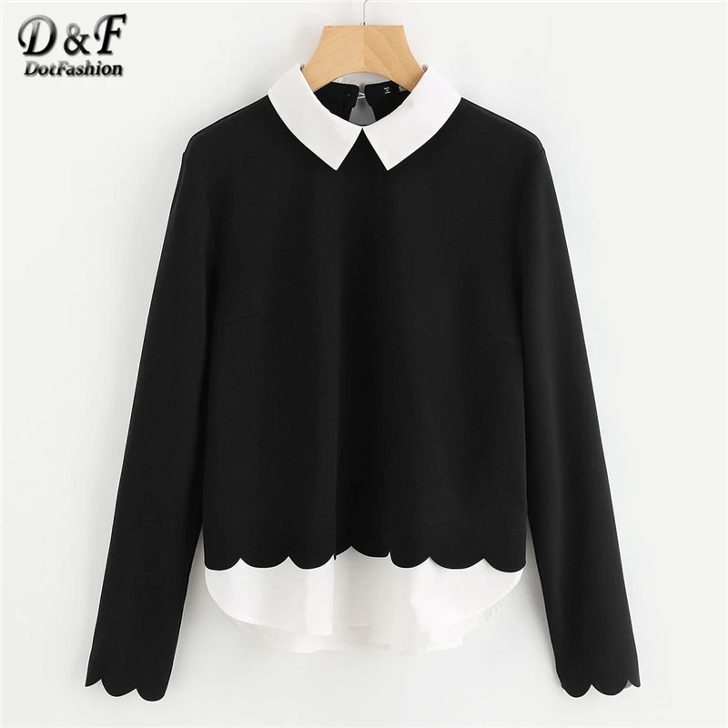 Dotfashion, черные женские топы и блузки с волнистым узором для женщин, одежда, повседневная Осенняя мода, на пуговицах, с длинным рукавом, консервативная рубашка