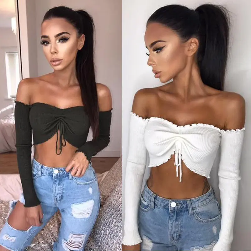 Женский вязаный свитер короткий топ с длинным рукавом и вырезом лодочкой|off shoulder