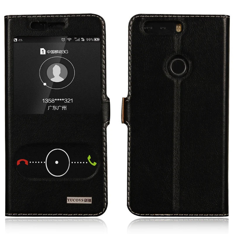 Genuine Natural Cow Cowhide Leather Case View Window For Huawei Honor 8 Magnetic Filp Phone Cover + Gifts | Мобильные телефоны и