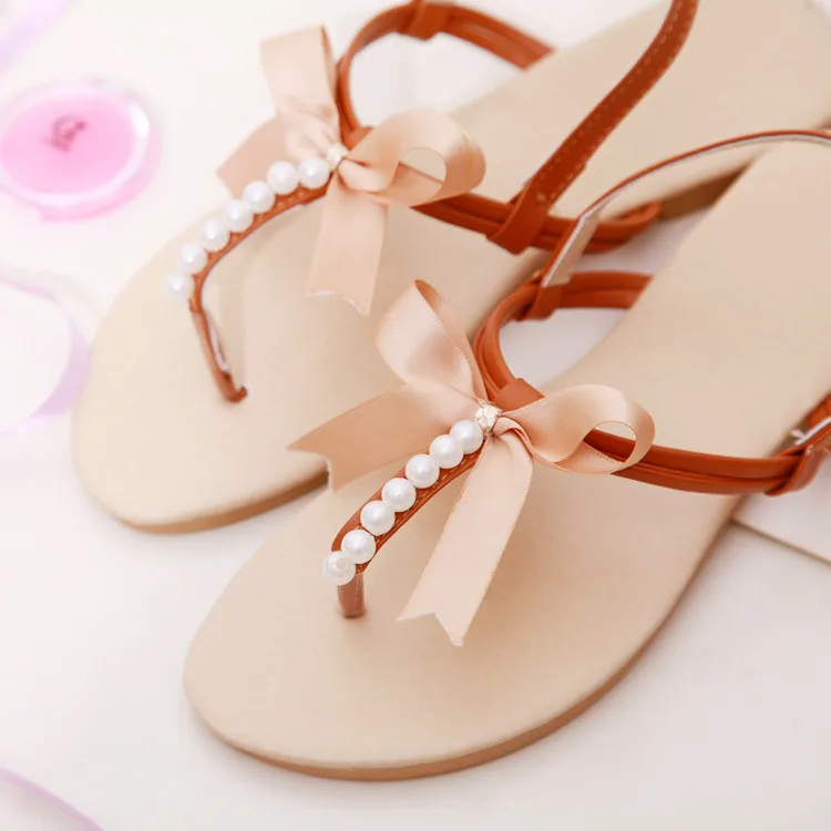 Рим Сандалии 2017 Перл Квартиры Пляж Повседневный FlipToe Бабочка-узел Пряжки Ремня