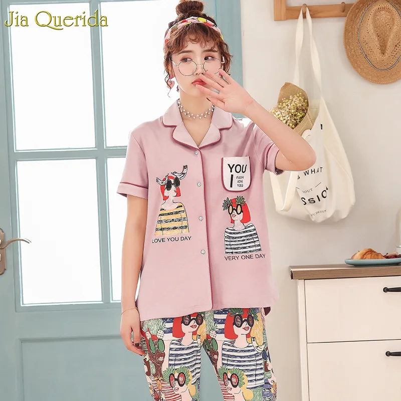 Pajama Sets Women 2019 New Fashion Cotton 100% Loungewear Sleepwear Short Sleeve Long Pants Home Suits Pink Pajamas Woman | Женская