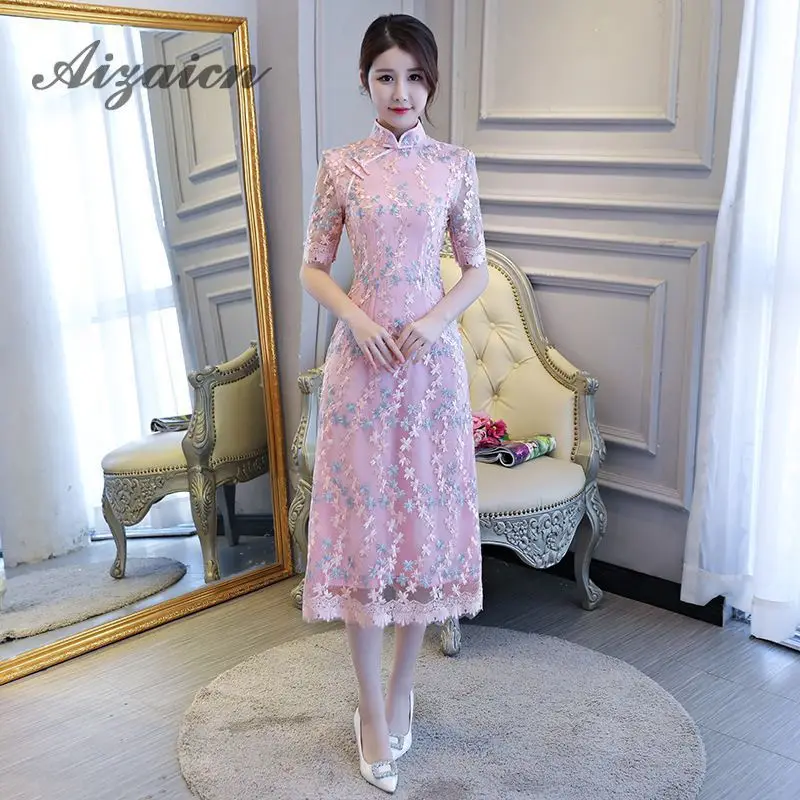 Мода 2018 розовое платье Ципао с вышивкой современное кружевное длинное