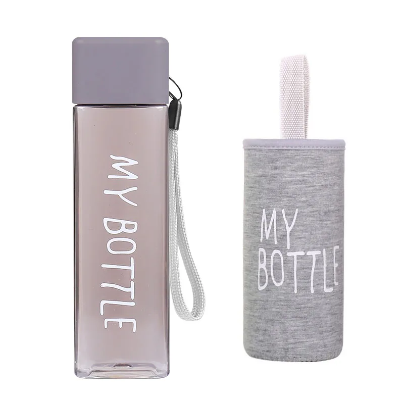 Новые пластиковые бутылки для воды 500 мл My bottle для воды с веревкой, прозрачная Квадратная бутылка для напитков, спортивный корейский стиль, термостойкая - Цвет: gray and sleeve