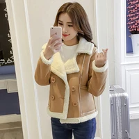 2018 winter new short women coat plus velvet thick long sleeved cotton clothes imitation wool double breasted loose women jacket