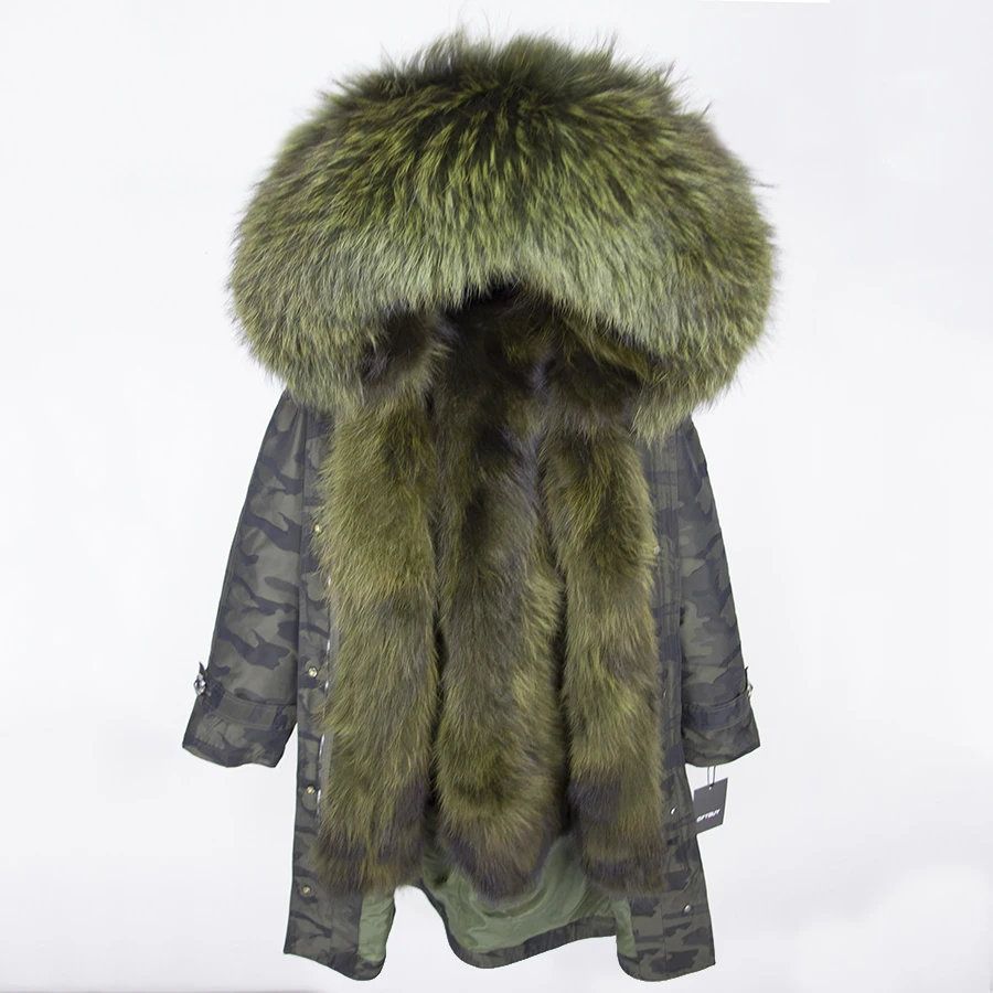 green camouflage OFTBUY, зимняя женская куртка, пальто с натуральным мехом, удлиненная Камуфляжная парка, воротник из натурального меха енота, капюшон с мехом лисы внутри, уличная одежда - Цвет: green camouflage