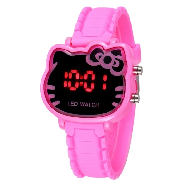 Розовый Led дисплей hello kitty мультфильм детские часы женские силиконовые Милые часы девушки дети дамы наручные часы Montre Enfant - Цвет: Розовый