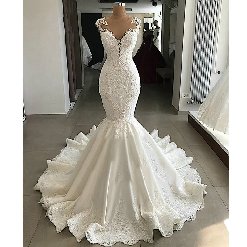Свадебное платье vestido de noiva, сексуальное прозрачное платье Русалочки с открытой спиной, бисером, кружевное атласное платье с v-образным вырезом, цвета слоновой кости, белое, настоящее свадебное платье 20190705