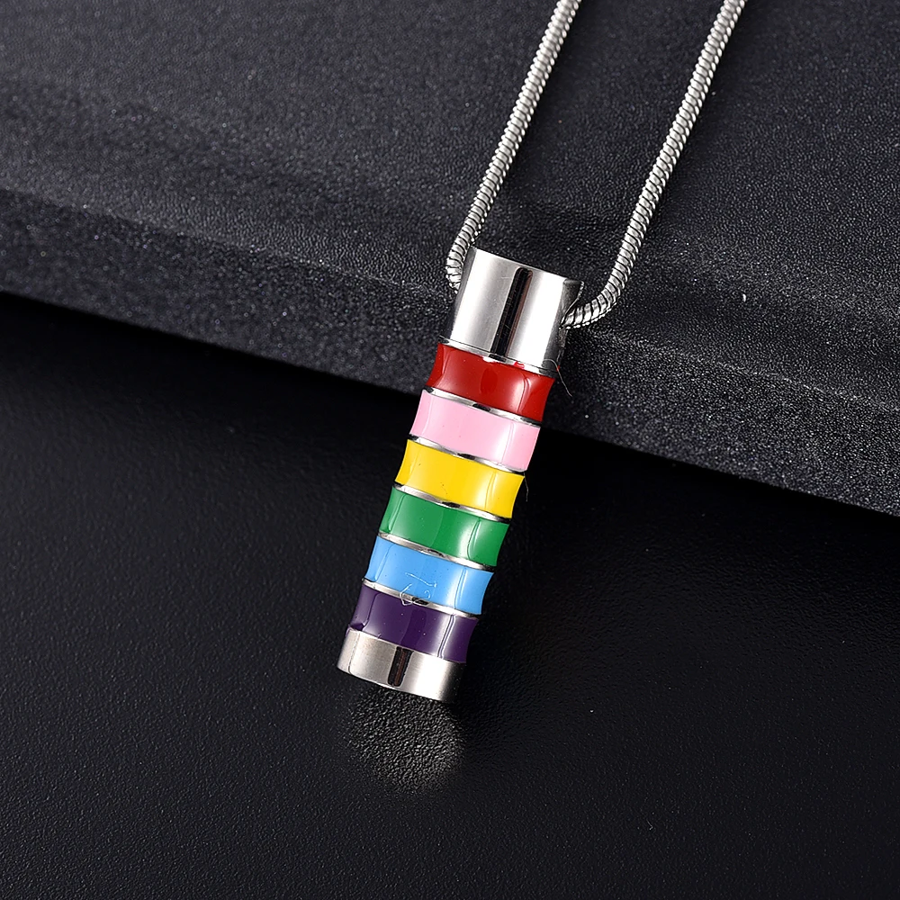K11934 Rainbow Cylinder Tube Cremation Jewelry for Ashes Pendant Holder Urns Stainless Steel Memorial Necklace Men/Women | Украшения и