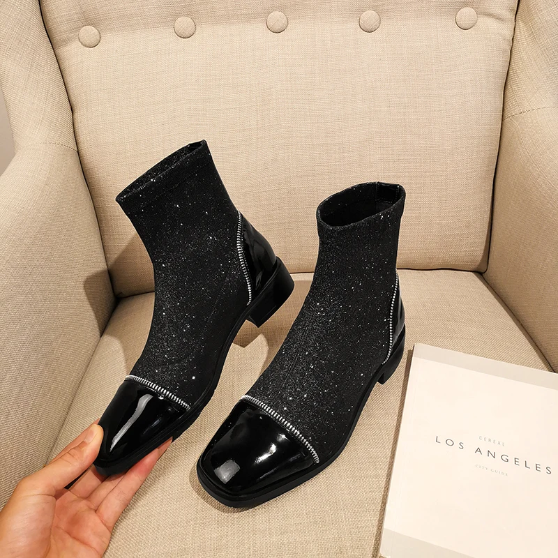 women Ankle boots Genuine Leather 22-25 cm feet length ankle boots for women cow patent leather+ Lycra fabric shoes woman