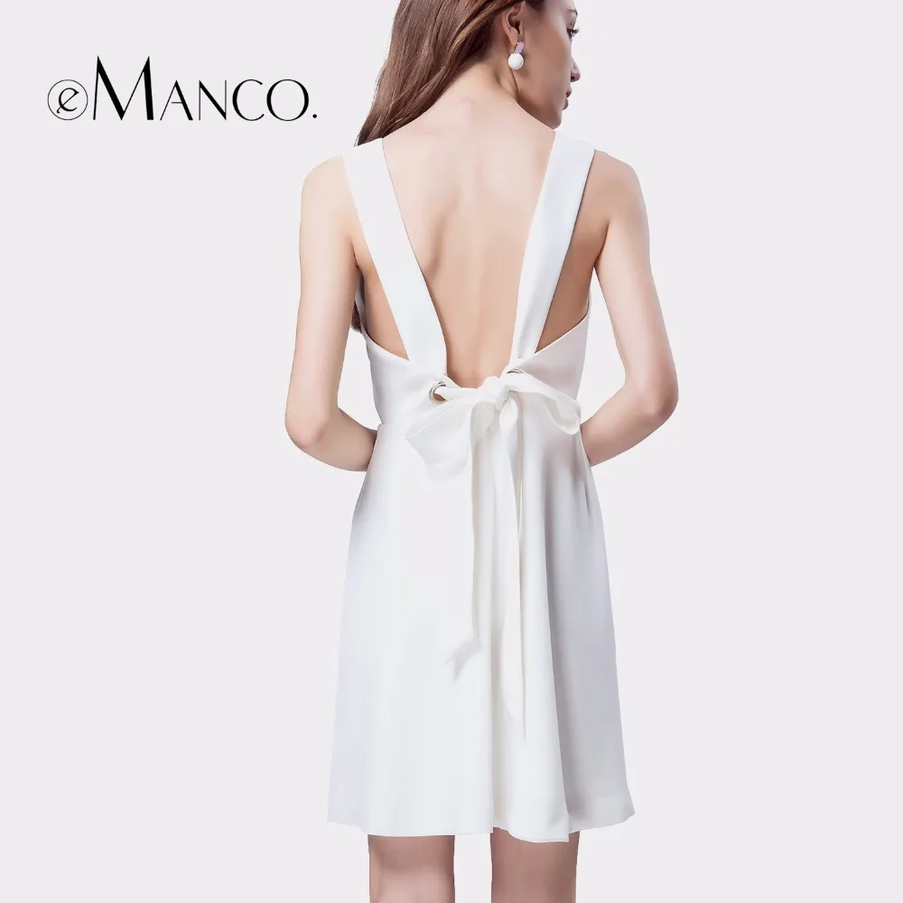 EManco 2017 женская Спинки Твердые Белое Платье О-Образным Вырезом Линии Высокая