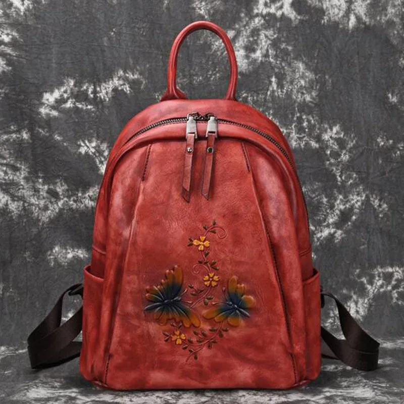 

Natural Skin Women Genuine Leather Backpack Embossing Travel Bag Retro Brush Color Daypack Knapsack High Quality Rucksack