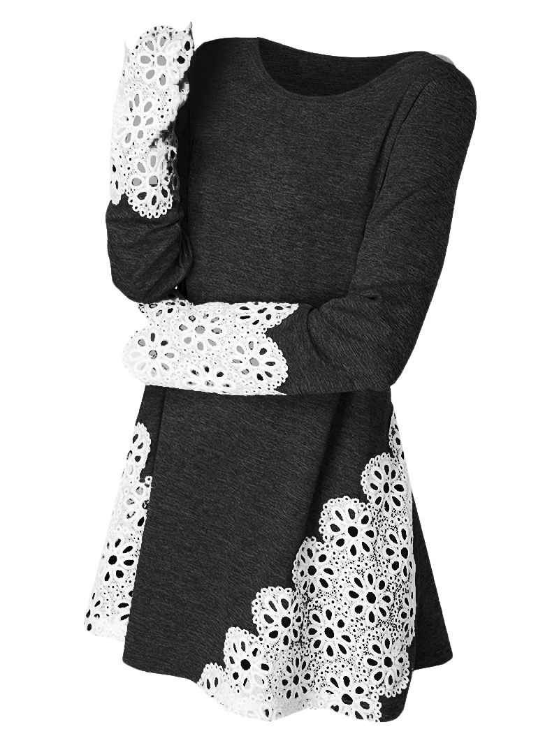 Fashion Women Lace Panel Long Sleeve Top Silm Fit Basic Tees Solid T-shirt Casual Shirt Round Neck Floral Slim Ladies T Shi | Женская