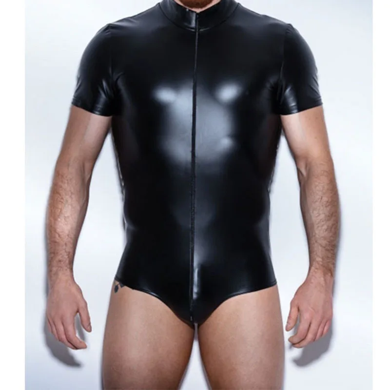 

2019 Black Latex PVC Bodysuit Men Faux Leather Catsuit GAY Erotic Wet Look Fetish Sexy DS Clubwear Zipper Game Uniforms Costume