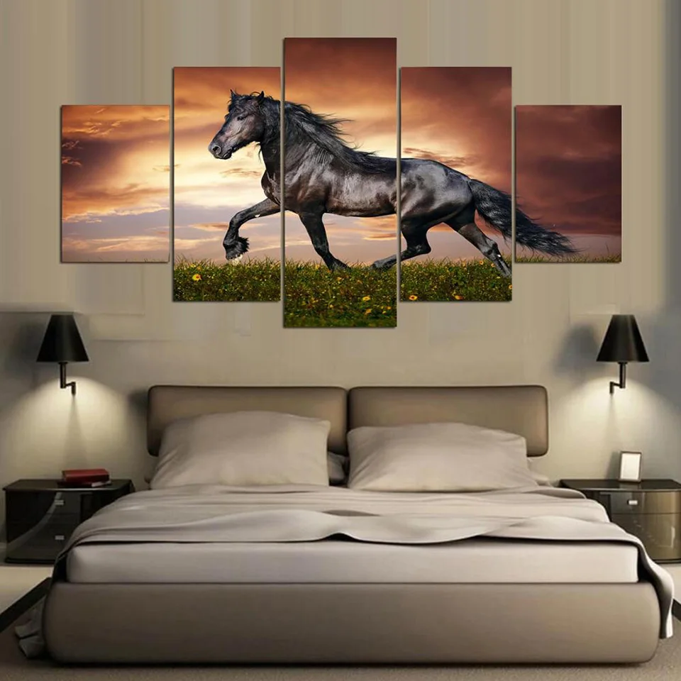 HD Print Modern Home Painting Modular Pictures 5 Panel Running Black Horse Framework Wall Art Poster Decor Living Room Canvas
