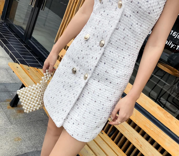 2018 Newest Fashion Design Brand Tweed Dress Lady Sleeveless Slim Women Double-breasted White Elegant Casual Woolen Mini Dresses | Женская