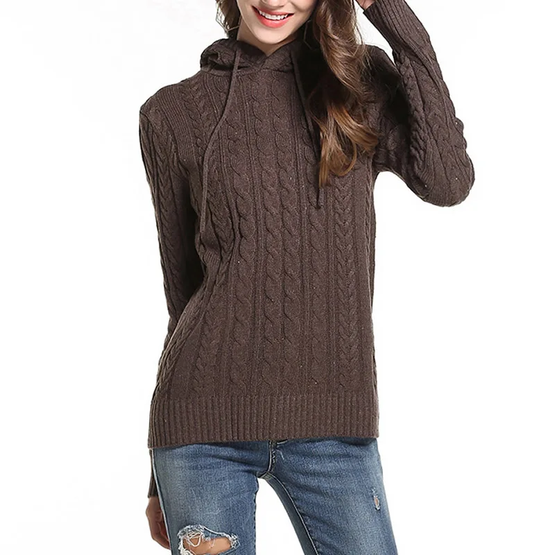 2018 Winter Autumn Woman Red Knitted Hooded Sweaters Pullovers Long Sleeve Thermal Solid White Black Pull Femme Hiver | Женская одежда