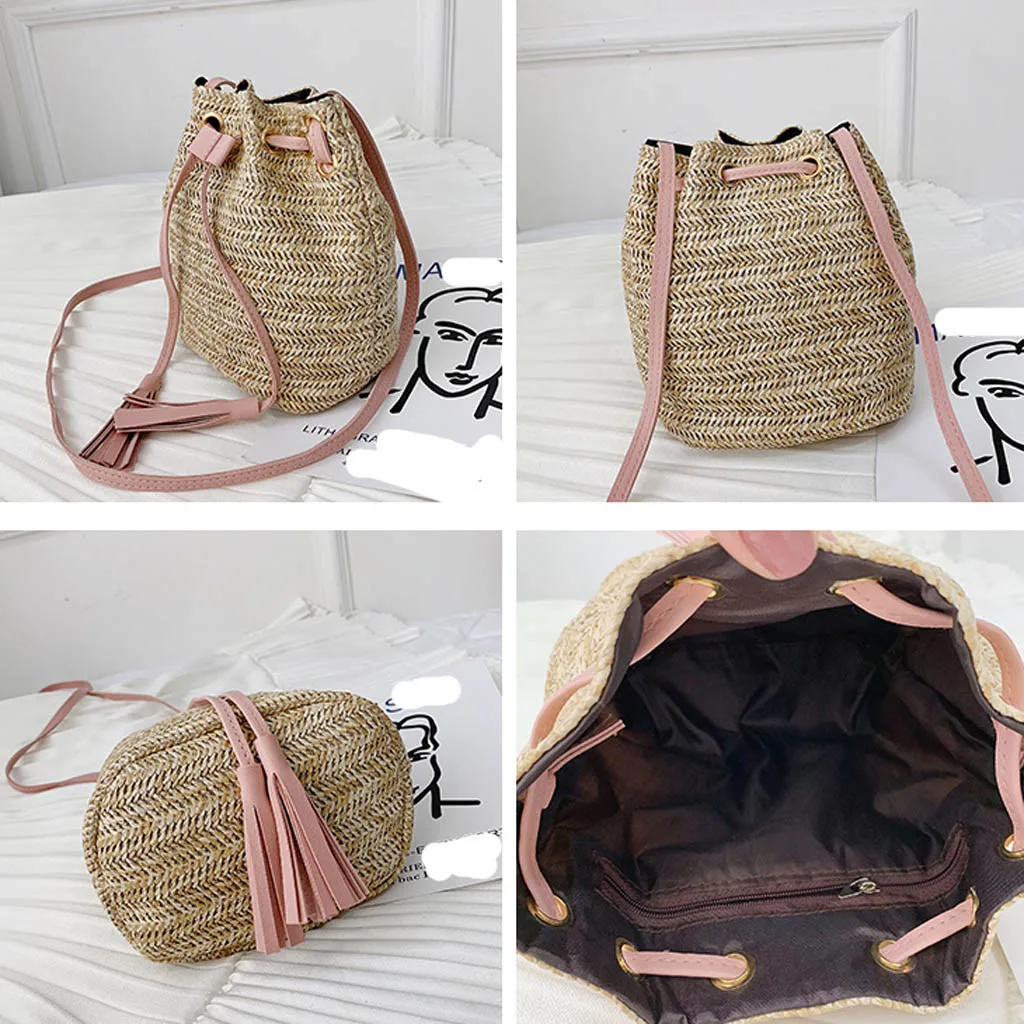 Женская сумка мешок с кисточками через плечо летняя из ротанга rieten tas женские