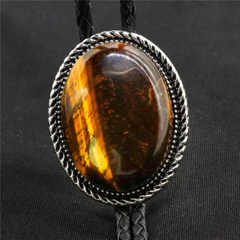 

Original Western Cowboy BOLO Tie Clip Middle Inlay Tiger-Eye Stone Wavy lace PU Leather Rope Mens Fashion Jewelry