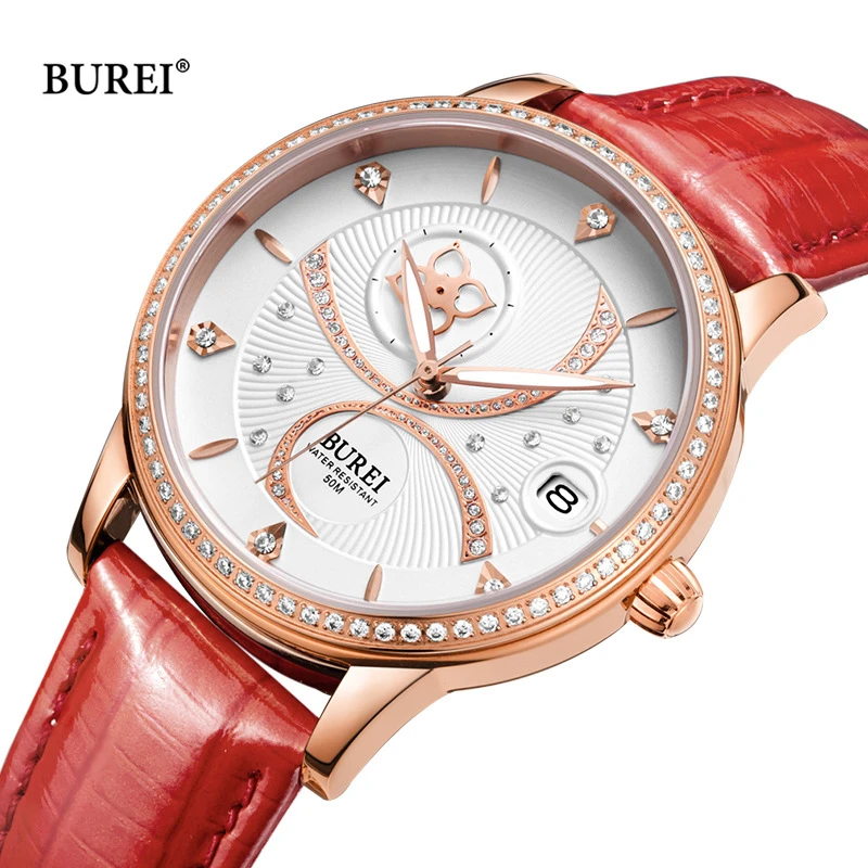 BUREI Brand Women Fashion Gold Automatic Watch Ladies Luxury Waterproof Sapphire Calendar Mechanial Wristwatch Relogio Feminino