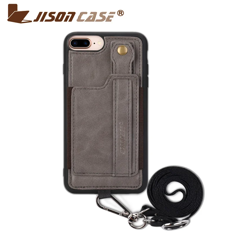 Jisoncase кожаный чехол для iphone 8 Plus с отделением карт черный ремешок дизайн винтажные